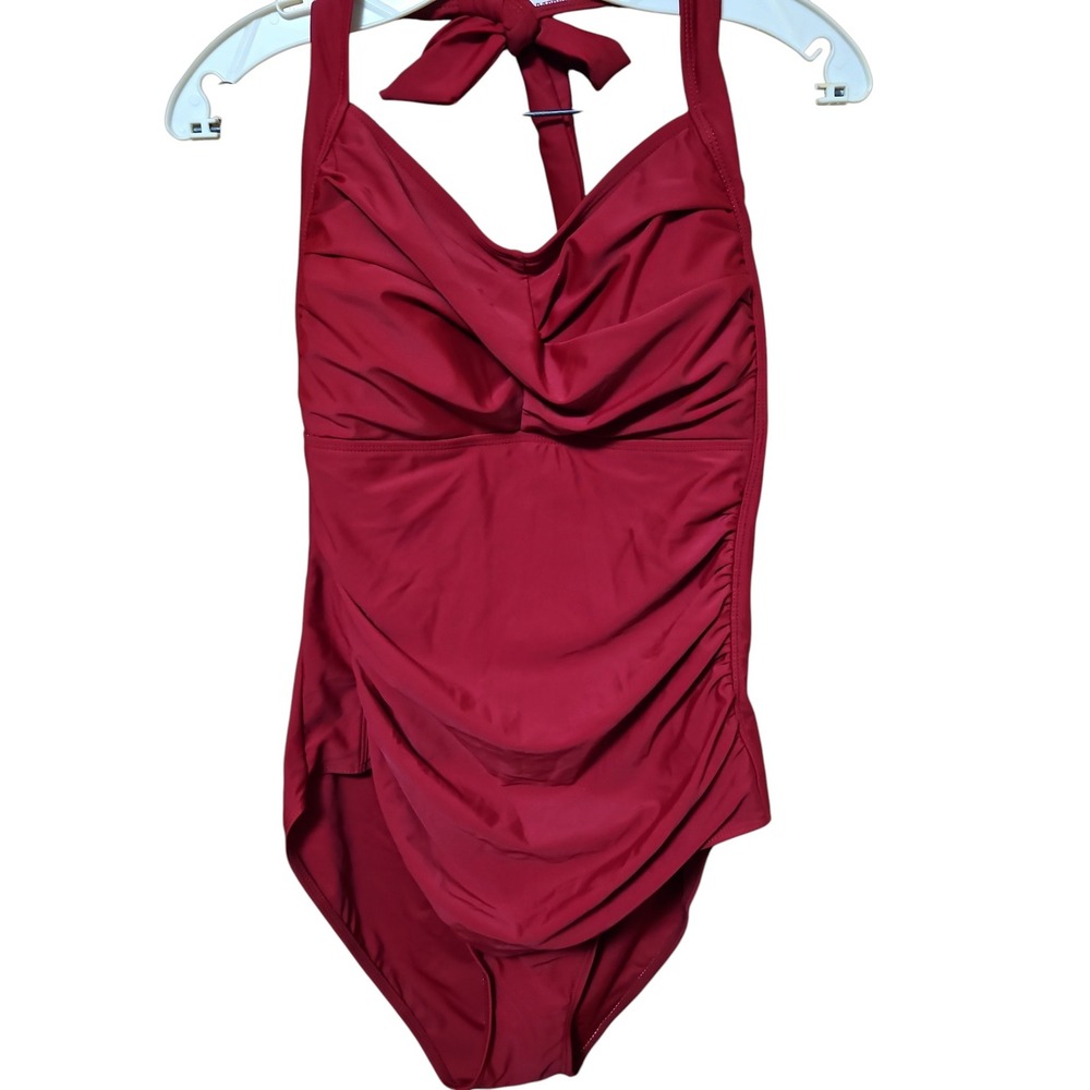 Burgundy Ruched Halter 1 Piece Swimsuit Tummy Control Sweetheart Neckline 0637
